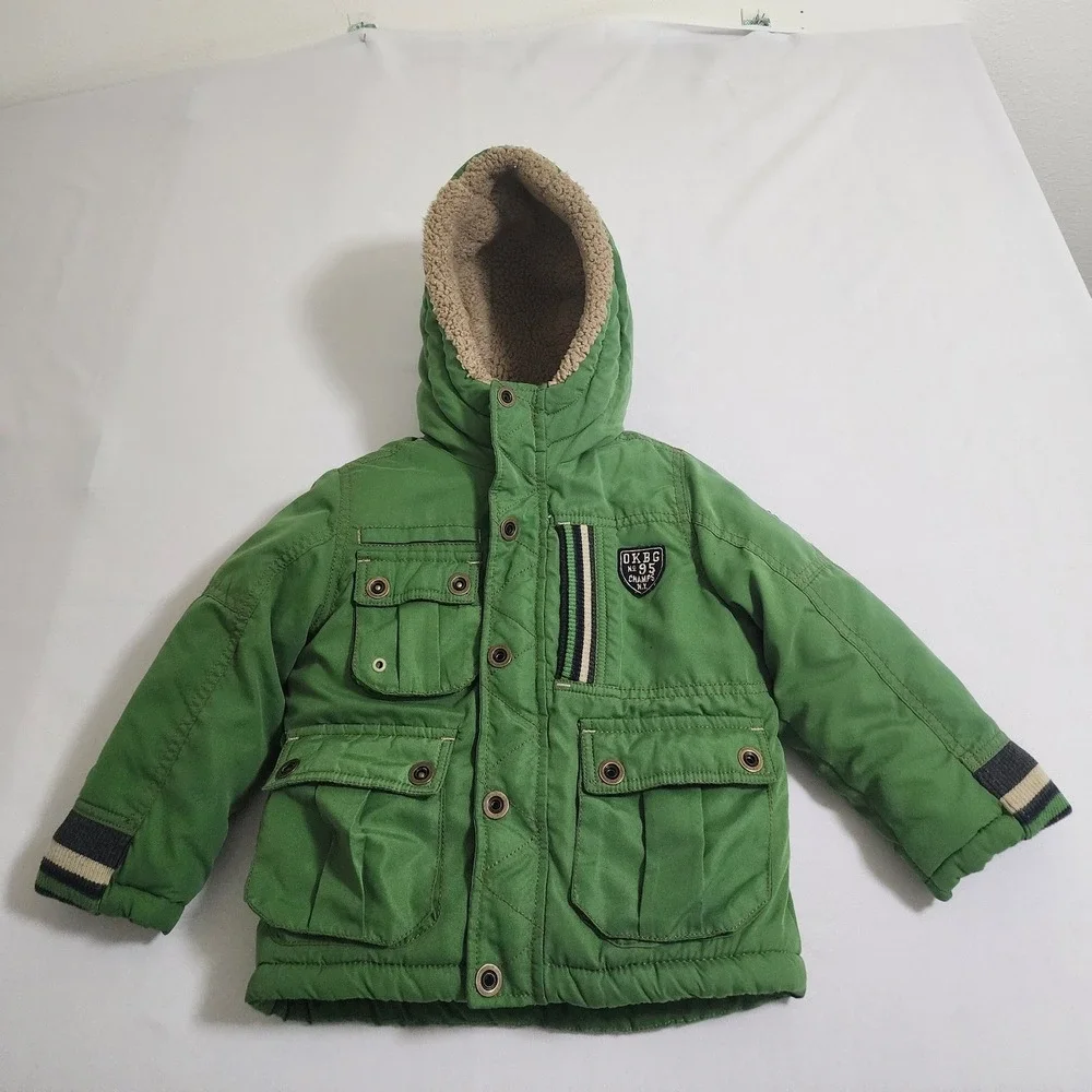 OshKosh Bgosh Boys Green Sherpa Lined Hooded Winter Puffer Parka Jacket 3T